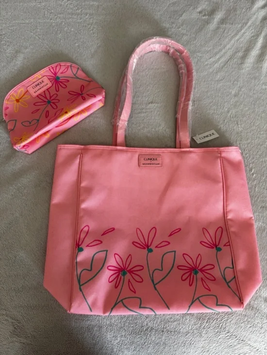 Clinique Pink Tote Bag and Cosmetic Bag set Drawbertson Flower Design NWT - Picture 1 of 7